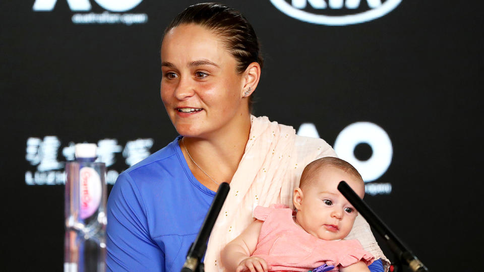 Ash Barty brought her baby niece to the post match press conference after losing her Australian Open semi-final. (Photo by Mike Owen/Getty Images)