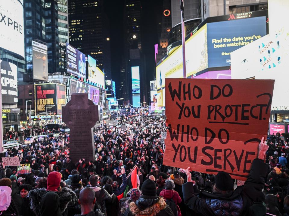 A crowd in Times Square, New York City, protests the police killing of Tyre Nichols.