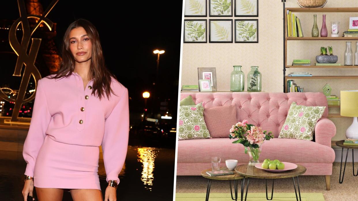  hailey bieber, strawberry girl, and pink colored living room 