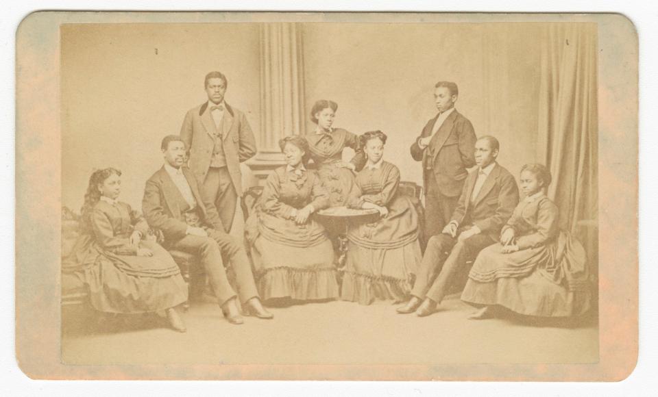 A carte-de-viste depicting the Fisk University Jubilee Singers with all nine members present, 1872. 