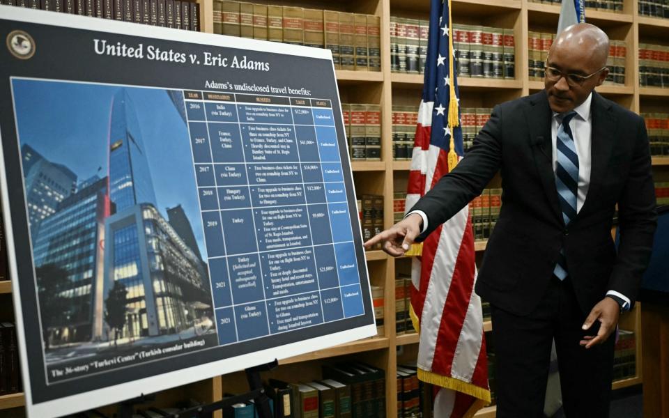 US Attorney for the Southern District of New York Damian Williams illustrates the evidence against Eric Adams