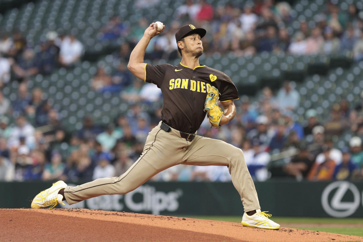 San Diego Padres starting pitcher Yu Darvish throws during the first inning of a baseball game against the Seattle Mariners, Tuesday, Sept. 10, 2024, in Seattle. (AP Photo/Jason Redmond)