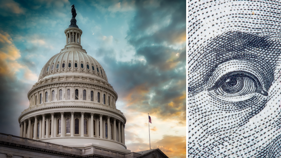 US Capitol Building and the eye of Ben Franklin has it appears on the US $100 bill