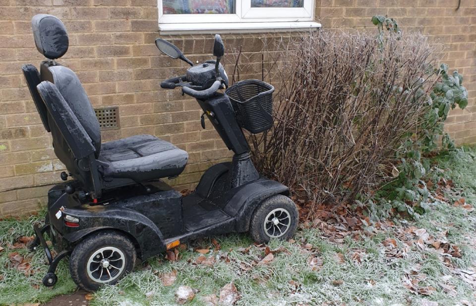 The mobility scooter belonging to Neil Shadwick, aged 63, which was stolen by Kimberley Ann Hawkins, 41, and abandoned on Old Bisley Road (Gloucestershire Police/PA Wire)