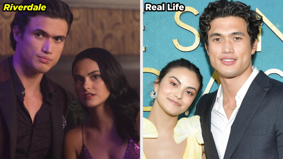 Side by side of Charles Melton and Camila Mendes in Riverdale and them as a real-life couple