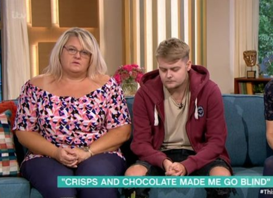 British teenager, Harvey Dyer, 18, pictured on ITV's This Morning with his mum Kerry James after he went blind on a diet of potato chips and chocolate. 