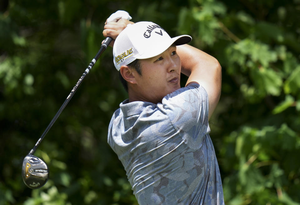 Danny Lee watches his tee shot on the 14th hole during the second round of the Canadian Open golf tournament at St. George's on Friday, June 10, 2022, in Toronto. (Nathan Denette/The Canadian Press via AP)