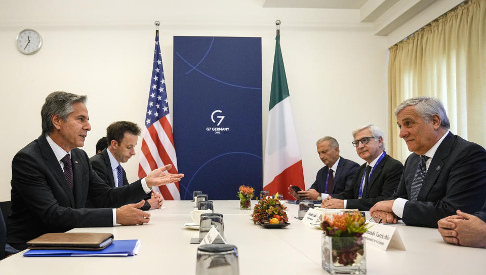 CORRECTS MONTH --- United States secretary of state Antony Blinken, left, and Antonio Tajani of Italy, right, meet for bilateral talks at the G7 Foreign Minister's Meeting in Muenster, Germany, Friday, Nov. 4, 2022. (AP Photo/Martin Meissner, Pool)