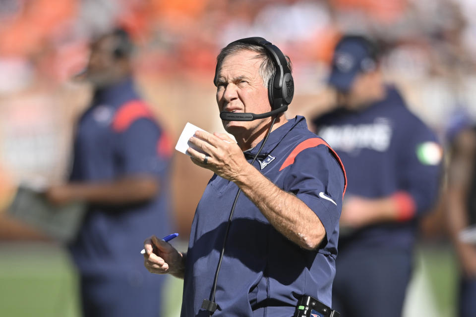 New England Patriots head coach Bill Belichick watches as his team plays against the Cleveland Browns during the second half of an NFL football game, Sunday, Oct. 16, 2022, in Cleveland. (AP Photo/David Richard)