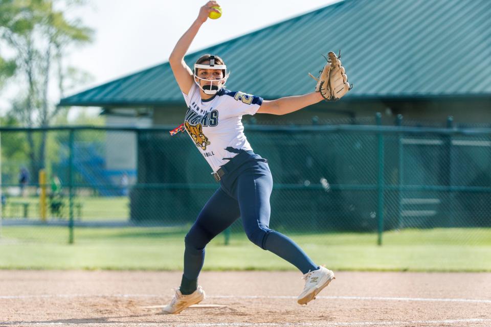 New Prairie's Ava Geyer delivers pitch during the Saint Joseph-New Prairie high school 3A sectional softball game on Monday, May 23, 2022, at Newton Park in Lakeville, Indiana.