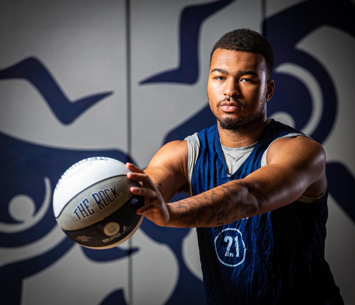 Butler University basketball player Pierre Brooks II at Media Day on Wednesday, Oct. 17, 2023, in the Butler University practice gym in Indianapolis.