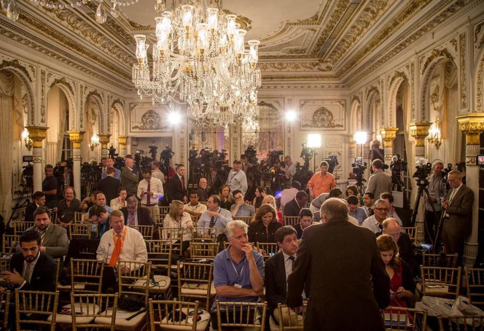 The White and Gold Ballroom at Mar-A-Lago is setup for Donald J. Trump’s Super Tuesday press conference at Mar-A-Lago in Palm Beach, Florida on March 1, 2016. (Allen Eyestone / The Palm Beach Post)