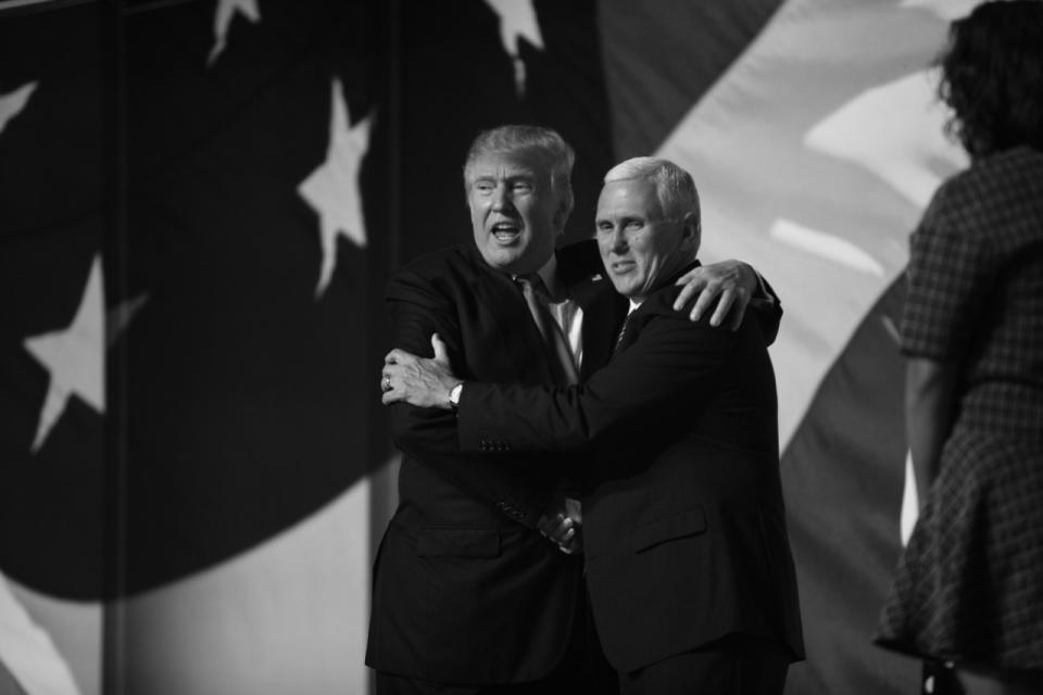 <p>Donal Trump and Mike Pence embrace after Trump’s acceptance speech at the RNC Convention in Cleveland, OH. on July 21, 2016. (Photo: Khue Bui for Yahoo News)</p>