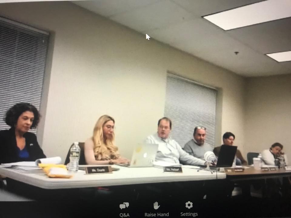 The Mendham Township Committee meets on Dec. 21, 2022. From left are Thomas Baio, Amalia Duarte, Sarah Neibart, Mayor Nick Monaghan, Deputy Mayor Tom Baio and Jordan Orlins.