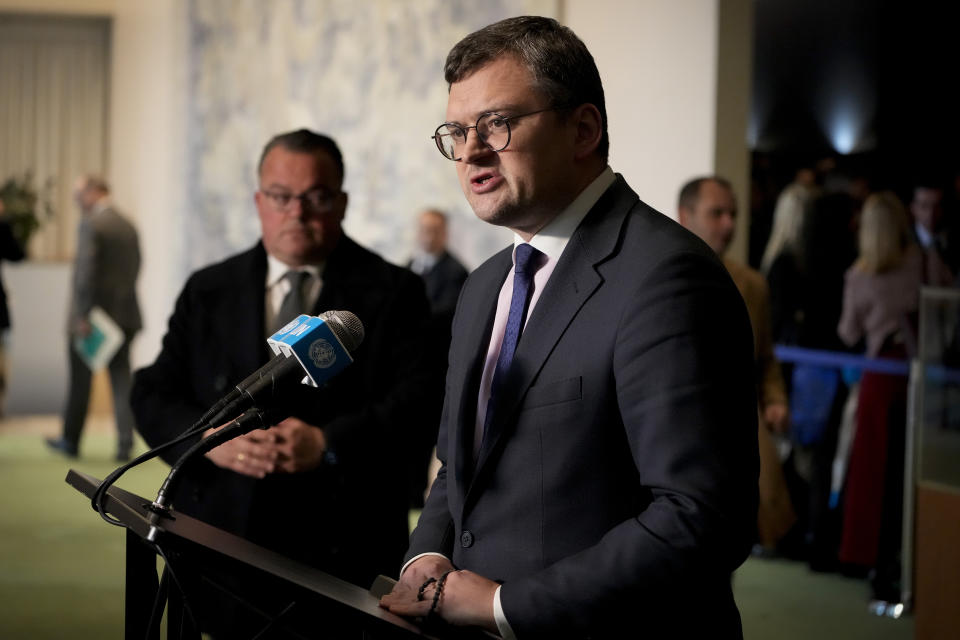 Dmytro Kuleba, Foreign Minister of Ukraine speaks at a media encounter after the U.N. General Assembly voted in favor of a resolution upholding Ukraine's territorial integrity and calling for a cessation of hostilities after Russia's invasion, Thursday, Feb. 23, 2023, at United Nations headquarters. (AP Photo/John Minchillo)