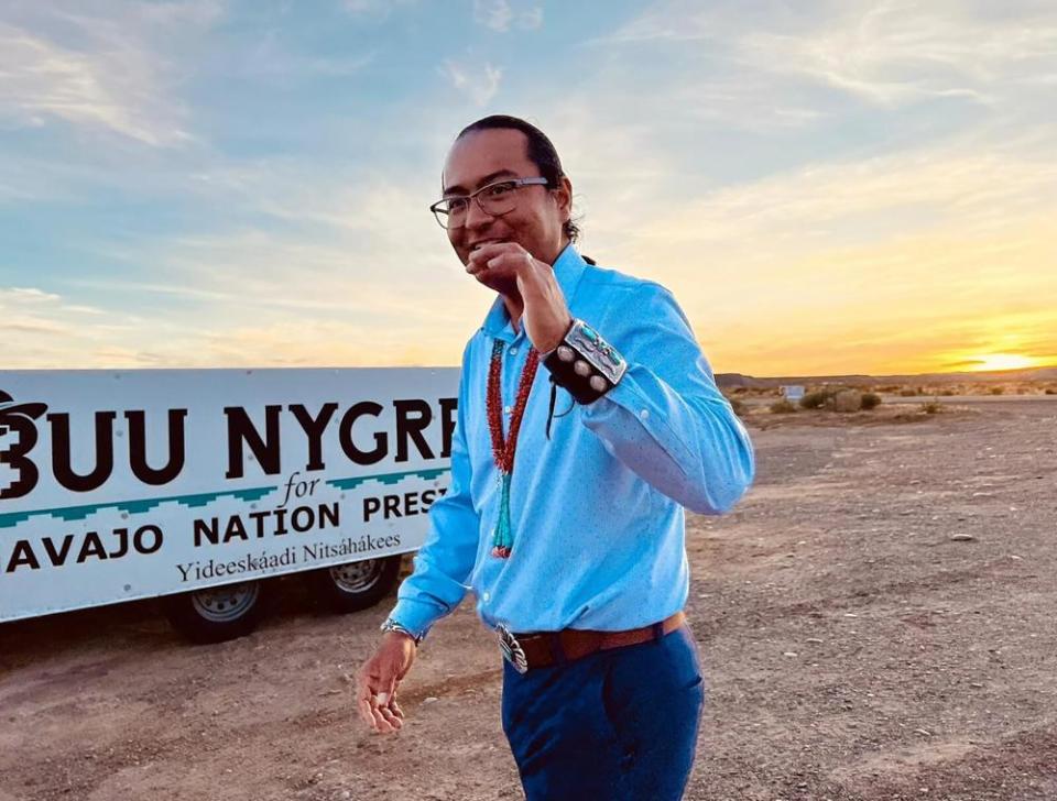 Buu Nygren in his campaign for president of the Navajo Nation on Tuesday, Aug. 2, 2022, in Red Mesa, Arizona. Navajos were voting to decide which two of 15 presidential hopefuls to advance to the tribe's general election in November.