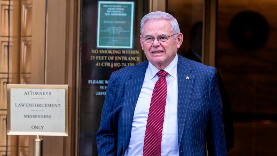 PHOTO: Sen. Bob Menendez leaves Manhattan federal court after hearing witness testimony during his trial, June 10, 2024, in New York.  (Stefan Jeremiah/AP)