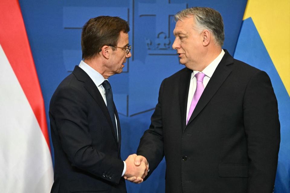 Sweden’s prime minister Ulf Kristersson travelled to Budapest on February 23 to discuss defence and security cooperation with his Hungarian counterpart Viktor Orban (AFP via Getty Images)