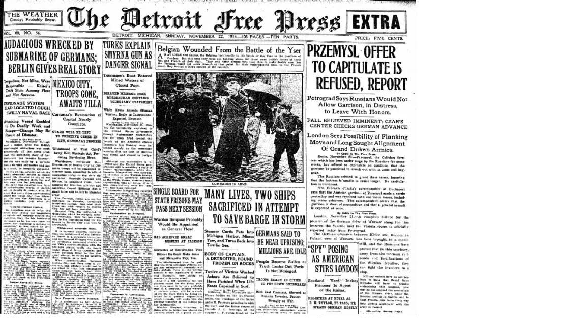 Detroit Free Press front page from Nov. 18, 1914