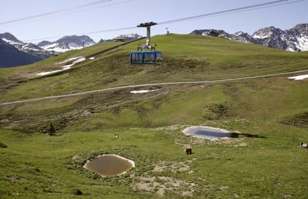 A cable car of the Weisshornbahn is seen over bear Napa at the Arosa Baerenland sanctuary in the mountain resort of Arosa