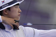 FILE - South Korea's An San shoots an arrow during the women's individuals final match at the 2020 Summer Olympics, Friday, July 30, 2021, in Tokyo, Japan. (AP Photo/Alessandra Tarantino, File)