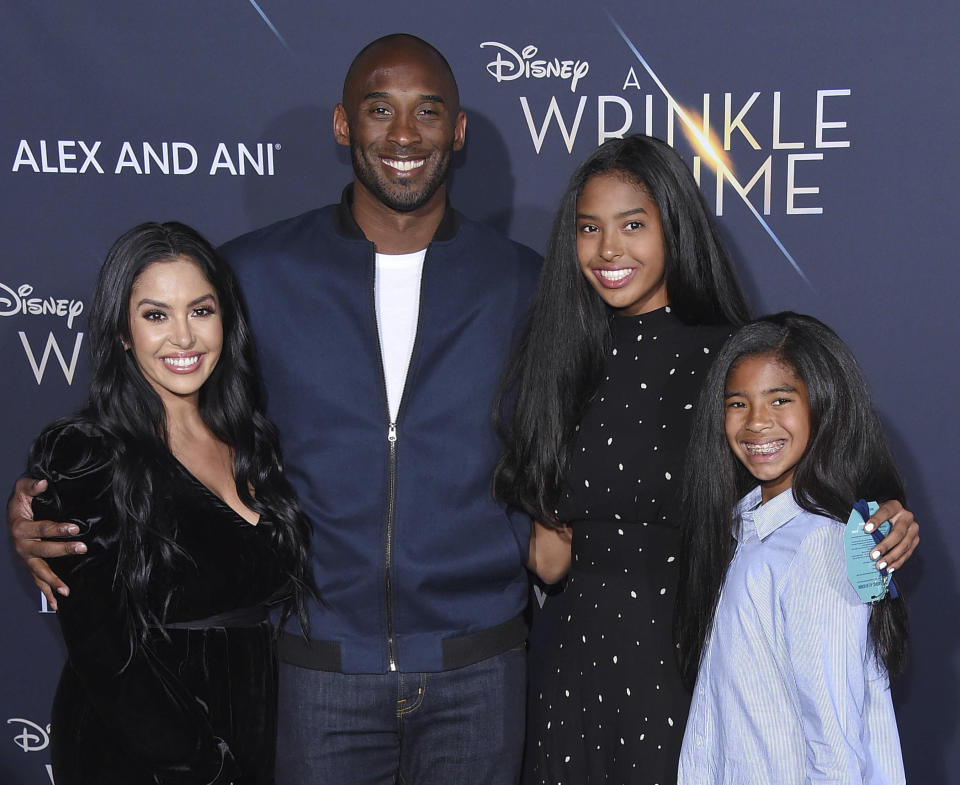 NBA legend Kobe Bryant and his wife Vanessa Laine Bryant with their daughters Gianna Maria-Onore Bryant and Natalia Diamante Bryant in this file photo from 26 February 2018. (Photo: Getty Images)