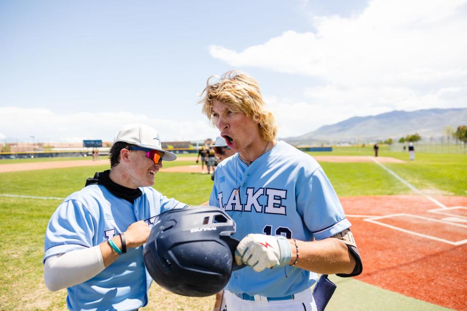 Westlake’s Landyn Fullmer celebrates after a home run during the first round of the 6A boys baseball state playoffs at Westlake High School in Saratoga Springs on Monday, May 15, 2023. | Ryan Sun, Deseret News