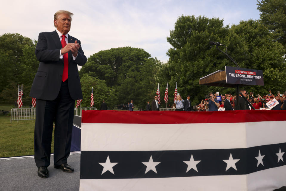 Former President Donald Trump prepares to speak at a rally, Thursday, May 23, 2024, in the Bronx borough of New York. (AP Photo/Yuki Iwamura)