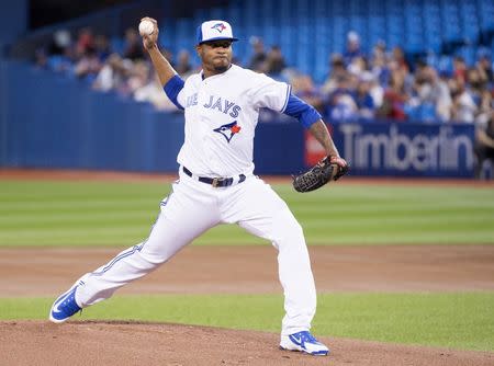 May 20, 2019; Toronto, Ontario, CAN; Toronto Blue Jays starting pitcher Edwin Jackson (33) throws a pitch during the first inning against the Boston Red Sox at Rogers Centre. Mandatory Credit: Nick Turchiaro-USA TODAY Sports