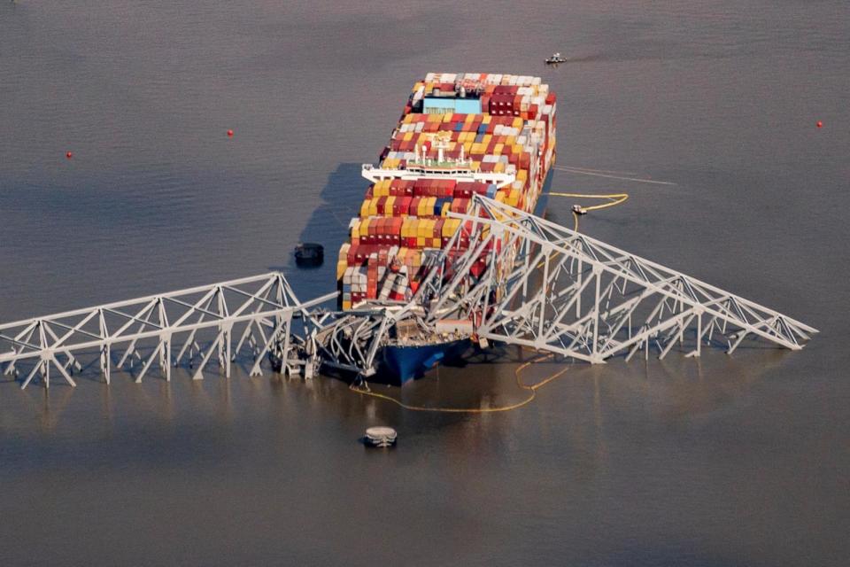 PHOTO: A file photo shows the Dali cargo vessel, which crashed into the Francis Scott Key Bridge, causing it to collapse in Baltimore, MD, April 4, 2024.  (Nathan Howard/Reuters/FILE)