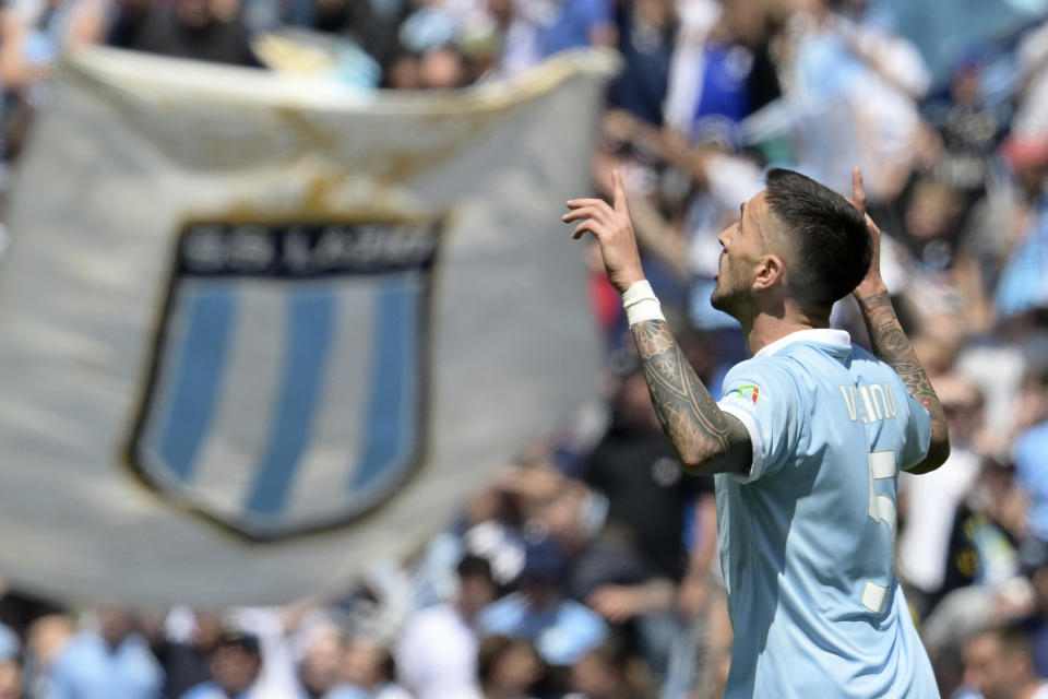 Lazio's Matias Vecino celebrates after scoring his side's second goal during a Serie A soccer match between Lazio and Empoli, at Rome's Olympic stadium, Sunday May 12, 2024. (Alfredo Falcone/LaPresse via AP)