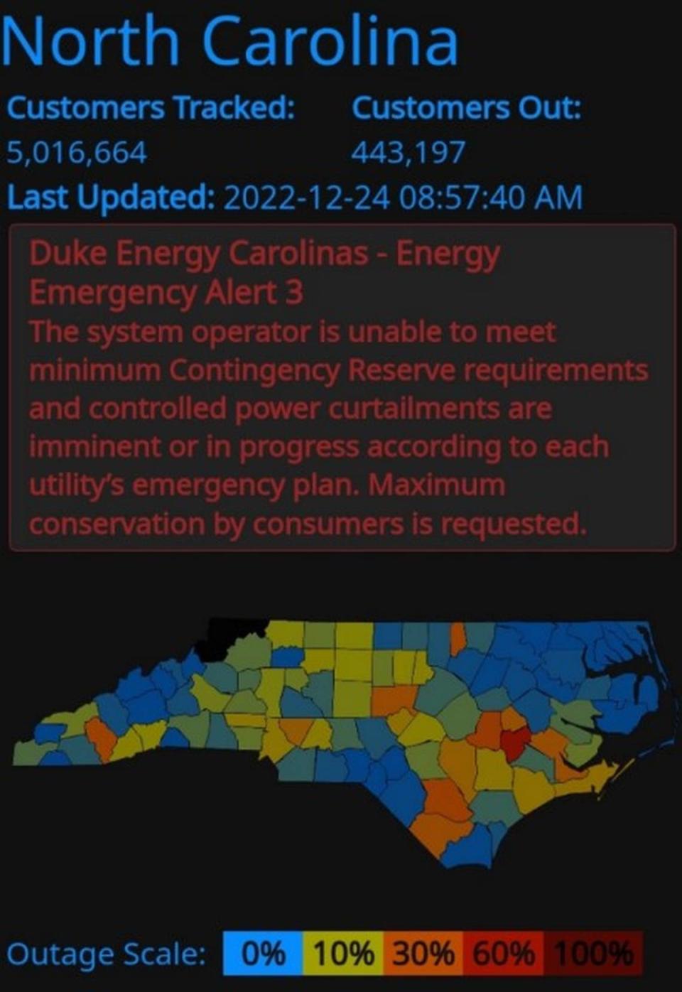 Nearly half a million Duke Energy customers experienced rolling blackouts on Dec. 24, 2022, during a very cold winter storm. This screenshot from Poweroutage.us shows that North Carolina’s northeastern corner did not have the same outages experienced by much of the state.