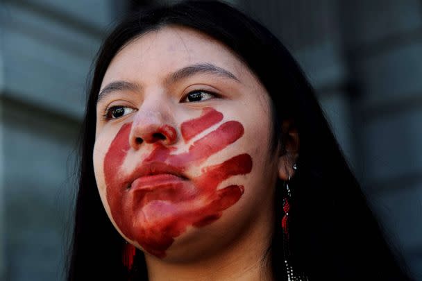 PHOTO: American Indian Academy of Denver student Leia Duran of the Ute and Navajo nations participates in a student-led rally in support of Missing or Murdered Indigenous Persons Awareness Day at the Colorado Capital in Denver, May 5, 2023. (Jason Connolly/AFP via Getty Images)