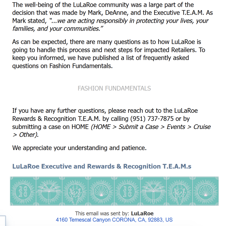 Qualifying LuLaRoe retailers were informed five days before the company's highest-sellers were about to embark on a free cruise. (Email obtained and verified by Cashay)