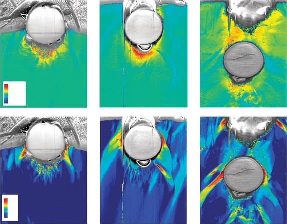 False color maps show how far tiny silica 'bullets' penetrated a nanocompmosite material at three different velocities.