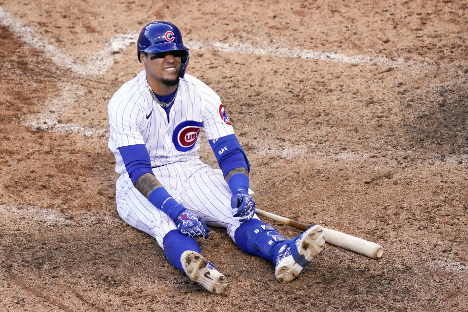 CHICAGO, IL - OCTOBER 02: Javier Baez #9 of the Chicago Cubs reacts during Game 2 of the Wild Card Series between the Miami Marlins and the Chicago Cubs at Wrigley Field on Friday, October 2, 2020 in Chicago, Illinois. (Photo by Nuccio DiNuzzo/MLB Photos via Getty Images)