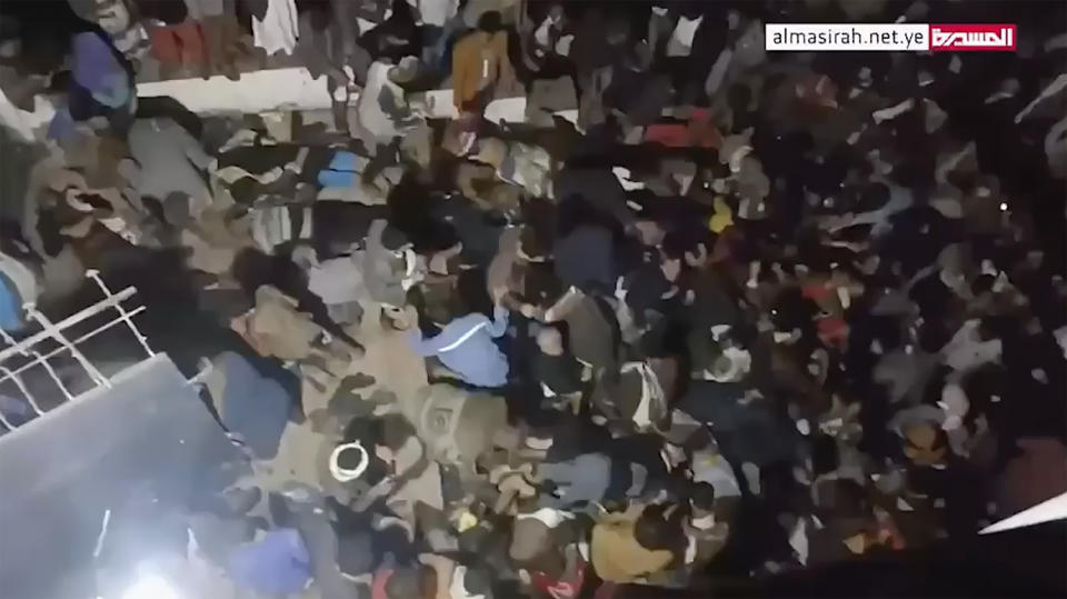 This image from a video, shows the scene of a deadly stampede in Sanaa, Yemen Wednesday, April 19, 2023. A crowd apparently spooked by gunfire and an electrical explosion stampeded at an event to distribute financial aid during the Muslim holy month of Ramadan in Yemen’s capital late Wednesday. (AL-MASIRAH TV CHANNEL via AP)