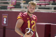 FILE - Iowa State quarterback Hunter Dekkers looks on during an NCAA college football media day on Aug. 2, 2022, in Ames, Iowa. It's been a foregone conclusion since at least the spring that Dekkers would be Iowa State's next starting quarterback. His teammates praise him for his leadership skills and physical tools, and his coach says he's earned the trust of everyone in the program. (AP Photo/Charlie Neibergall, File)