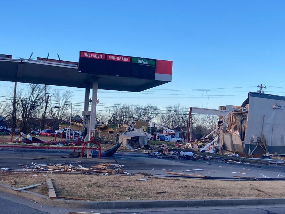 A gas station was among the buildings destroyed Saturday at a Springfield strip mall at 2600 Memorial Boulevard.