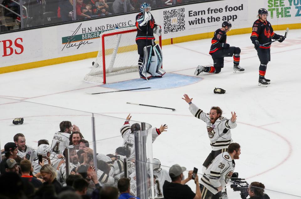 The Hershey Bears celebrate their win over the Coachella Valley Firebirds during the Calder Cup at Acrisure Arena in Palm Desert, Calif., June 21 , 2023.