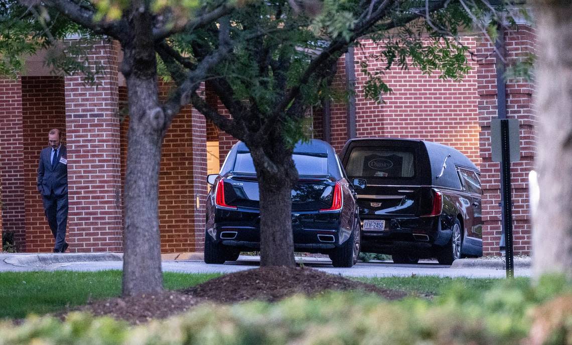 A hearse and limousine are parked outside Trinity Baptist Church Thursday, prior to the funeral of James Thompson, 16, Thursday Oct. 20, 2022. Thompson, a junior at Knightdale High School, was one of 5 people killed during a mass shooting Thursday, October 13 in Raleigh’s Hedingham neighborhood.