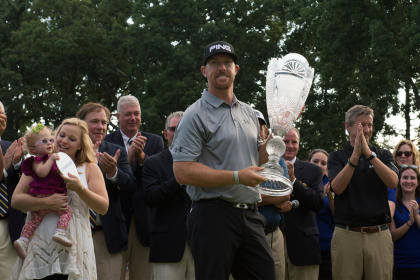 Hunter Mahan holds the Barclays Trophy after winning at Ridgewood Country Club. (USA Today)