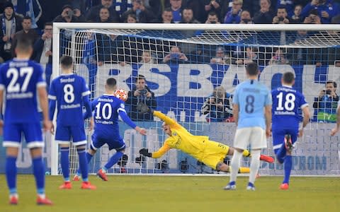 Nabil Bentaleb #10 of Schalke scores the 2nd goal by penalty kick during the UEFA Champions League Round of 16 First Leg match between FC Schalke 04 and Manchester City - Credit: BONGARTS