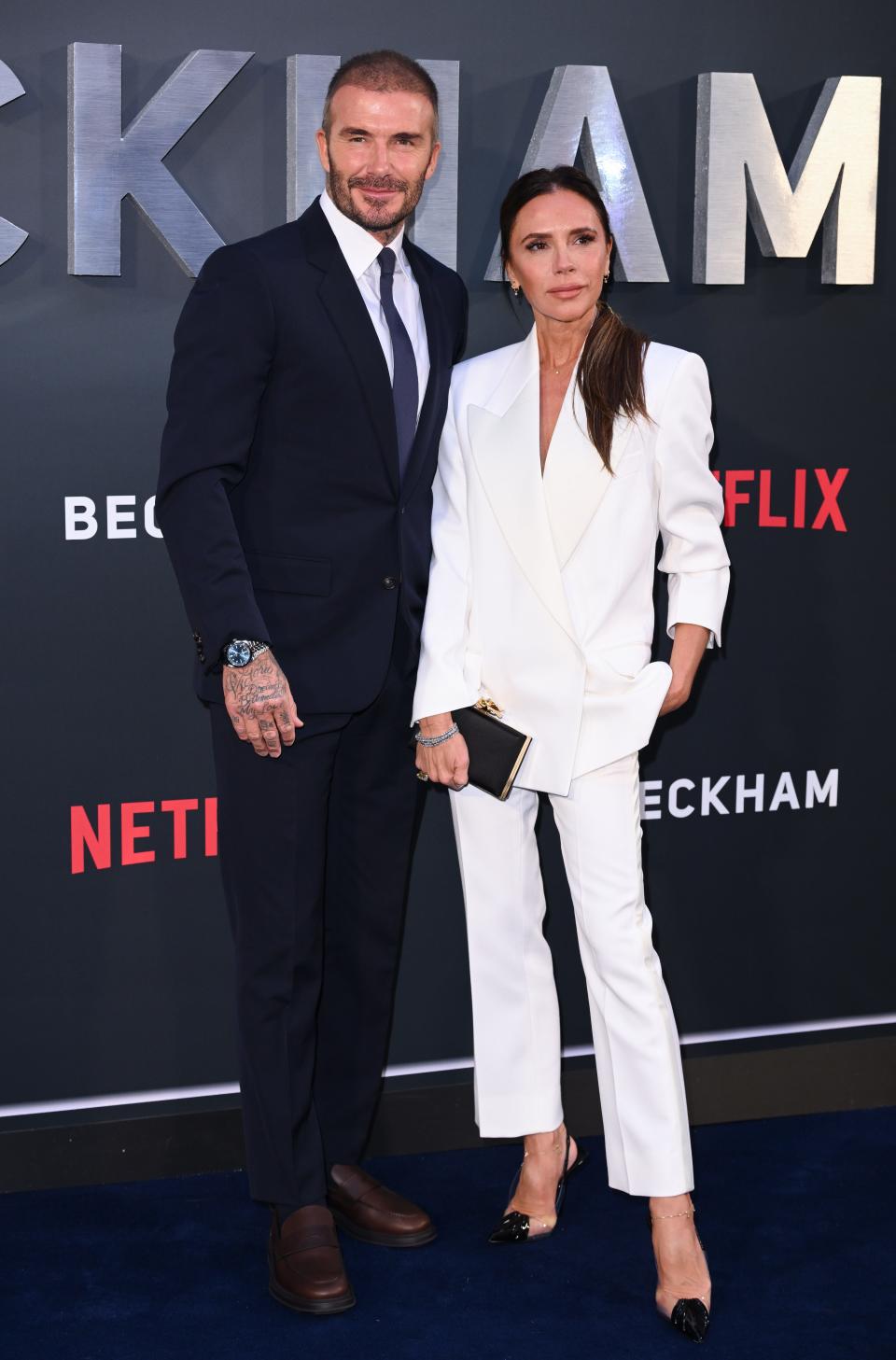 Victoria Beckham and David Beckham attend the Netflix "Beckham" UK premiere on October 3, 2023 in London.