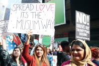 <p>Several young women demonstrate holding up signs during the “I am a Muslim too” rally in Times Square, New York City on Feb. 19, 2017. (Gordon Donovan/Yahoo News) </p>