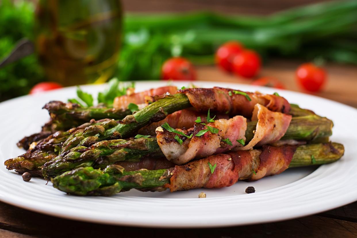 grilled violet asparagus wrapped with bacon