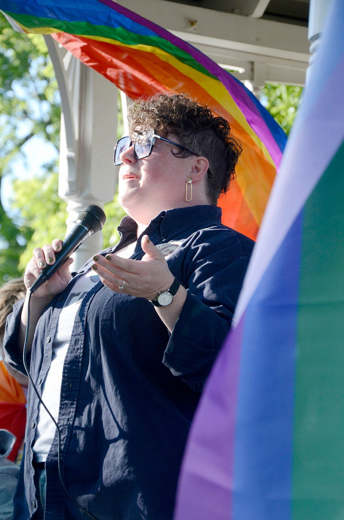 Kristin Jardine, co-founder of the LGBTQ+ Alliance of Petoskey, addresses the crowd during the sixth annual Flag Party and Pride Walk on Sunday, June 30, 2024.