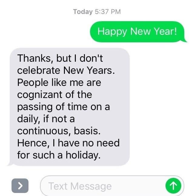 Text messages discussing New Year's celebration preferences with a philosophical stance on time