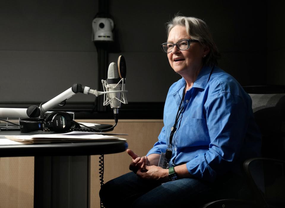 May 8, 2023; Columbus, Ohio, United States;  Ann Fisher will retire from daily journalism at the end of May. Fisher worked for 30 years in the newspaper business before joining WOSU. She hosts "All Sides with Ann Fisher," which attracts 65,000 listeners each week. Mandatory Credit: Barbara Perenic/The Columbus Dispatch