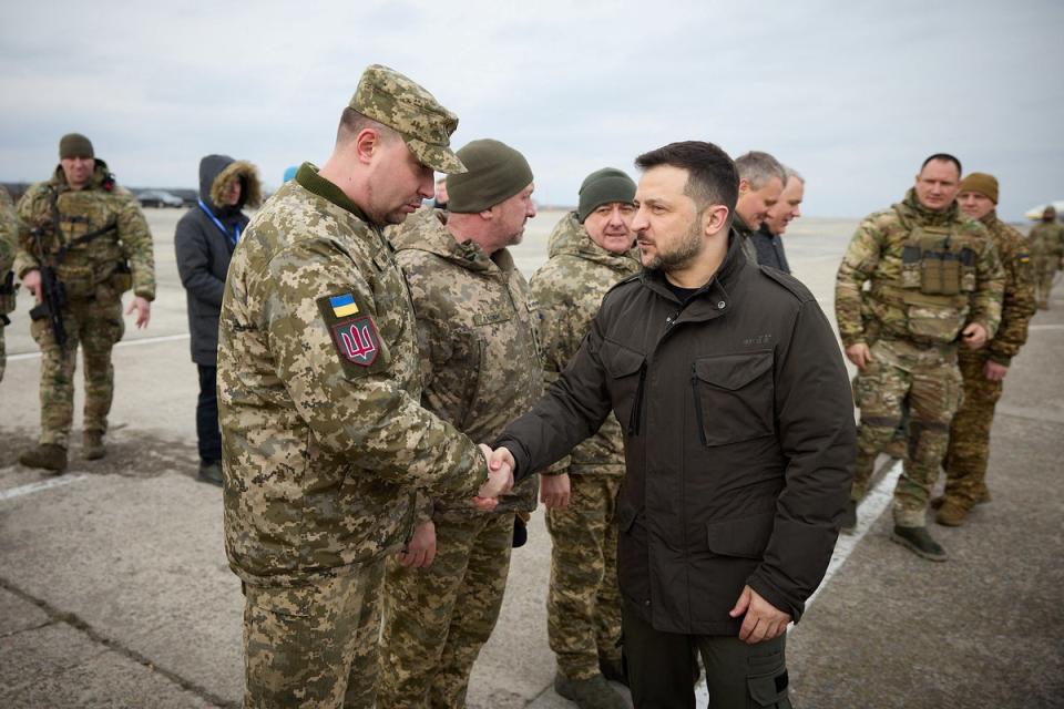 President Zelensky meets military intelligence chief Kyrylo Budanov at Hostomel on Saturday (Reuters)
